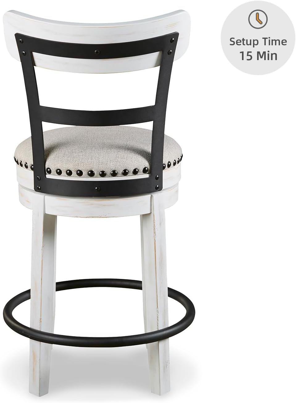 Signature Design by Ashley Valebeck Barstool, Rustic-Industrial Counter Height Chair, 360° Swivel, Wood & Metal Frame, Cushioned Seat, Ideal for Kitchen Island with Seating, Vintage White