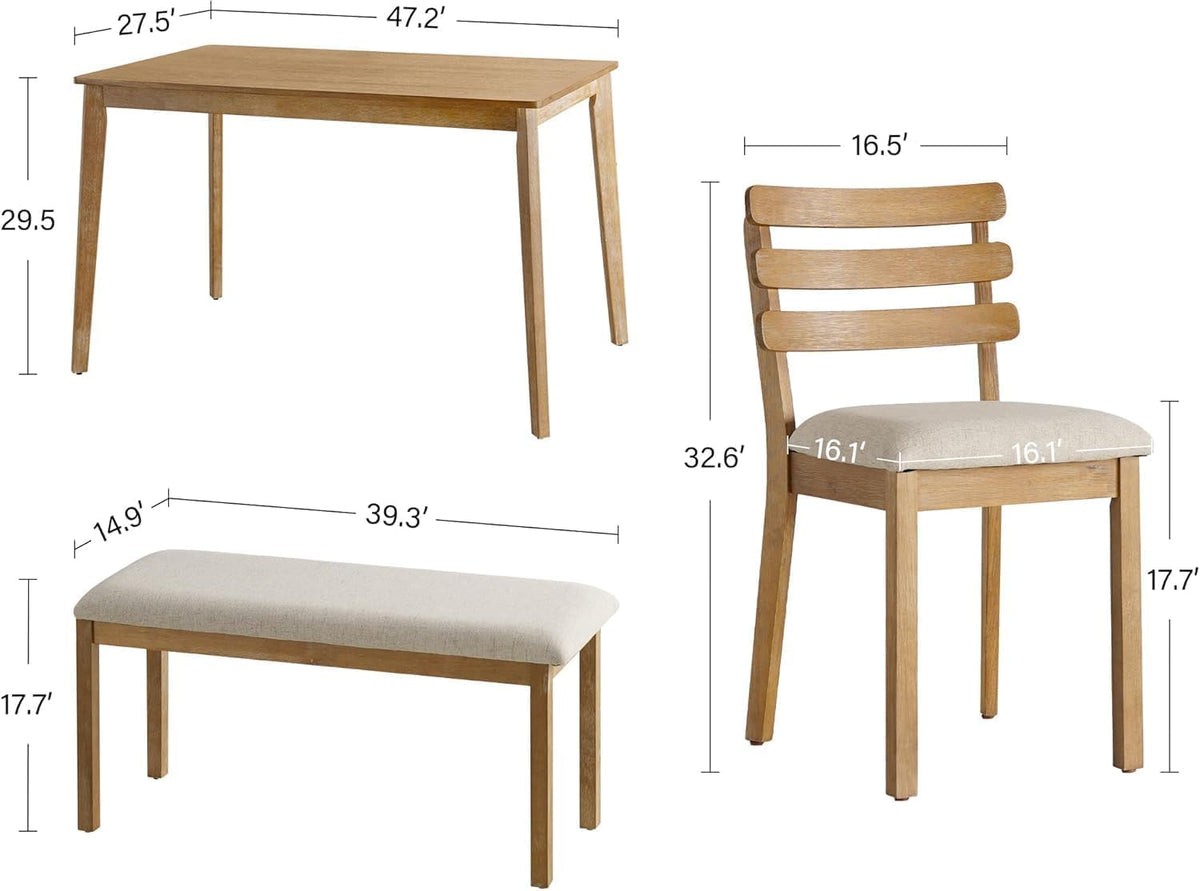 SIMTONAL 6 Piece Dining Table Set with Bench, Wooden Rectangular Kitchen Table and 4 Upholstered Chairs, Farmhouse Dining Room Furniture for Family Meals, Light Oak Finish