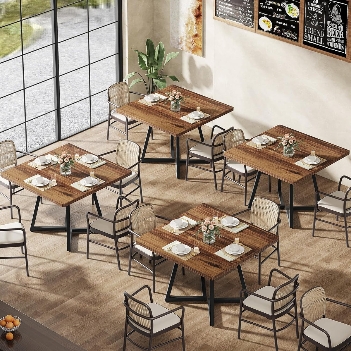 Tribesigns Square Commercial Dining Table Set of 6, 31.5" Heavy Duty Dinner Table with Metal Base, Wooden Kitchen Table for Restaurant, Cafe, Bakery, School, Apartment, Rustic Brown & Black