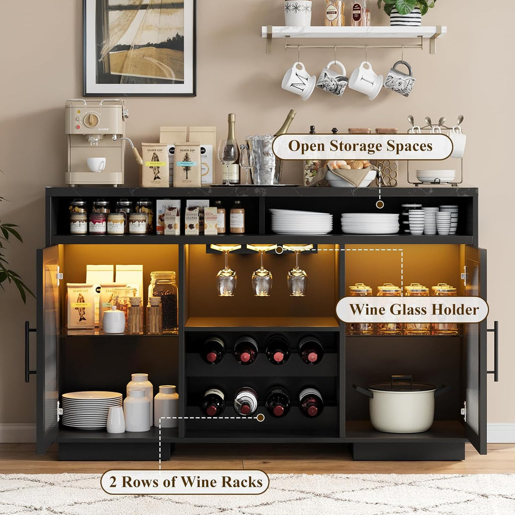 Wine Bar Cabinet 54", Black Coffee Bar Cabinet with LED Lights, Arched Glass Doors, Wine Rack, Adjustable Shelves, Sideboard Buffet Cabinet for Dining Room, Black