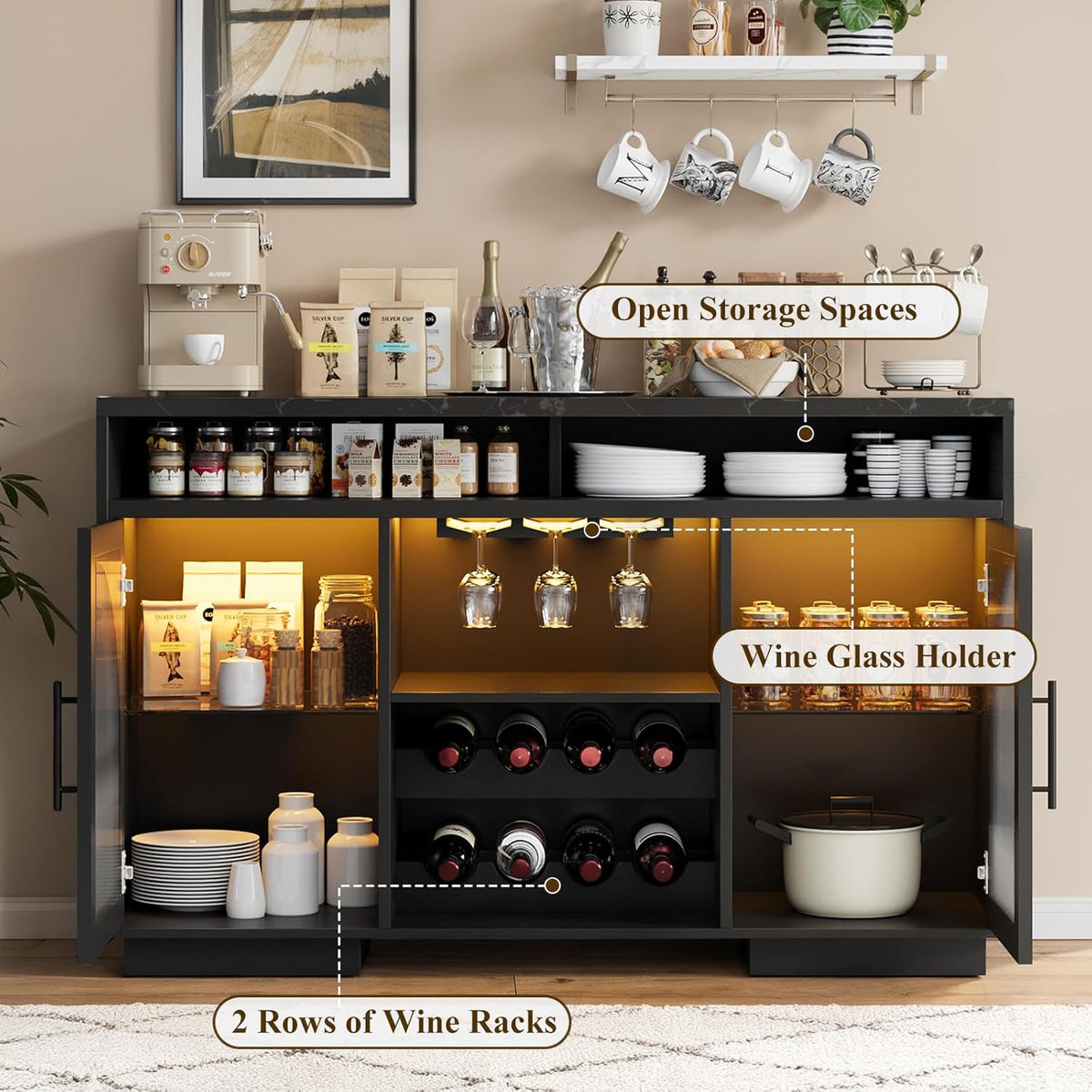 Wine Bar Cabinet 54", Black Coffee Bar Cabinet with LED Lights, Arched Glass Doors, Wine Rack, Adjustable Shelves, Sideboard Buffet Cabinet for Dining Room, Black