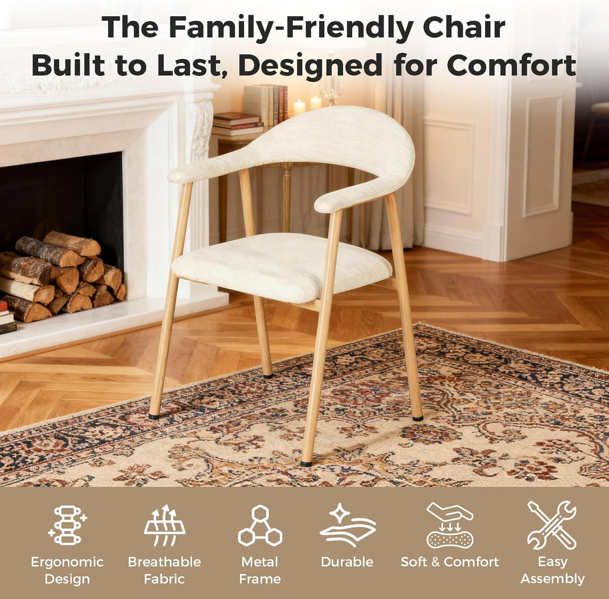 DUMOS Set of 2 Beige Linen Fabric Upholstered Dining Chairs, Modern Farmhouse Kitchen Side Chairs with Curved Backrest and Metal Legs, Accent Chairs for Dining Room, Restaurant, Cafe