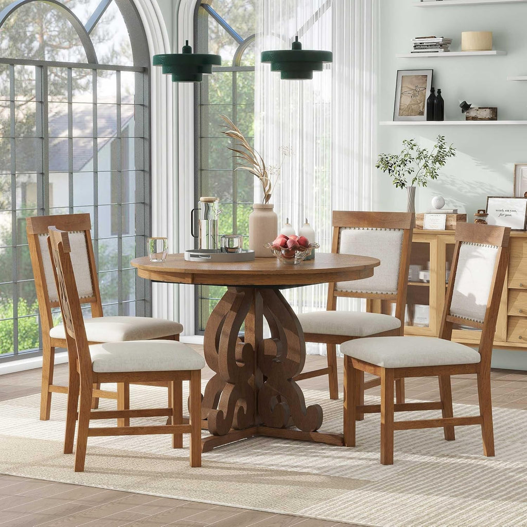 Merax Round Dining Table Set for 4, 42"-58" Extendable Kitchen Table Set with 4 Upholstered Chairs, Farmhouse Dining Table and Chairs Set for Kitchen, Dining Room, Living Room, Walnut