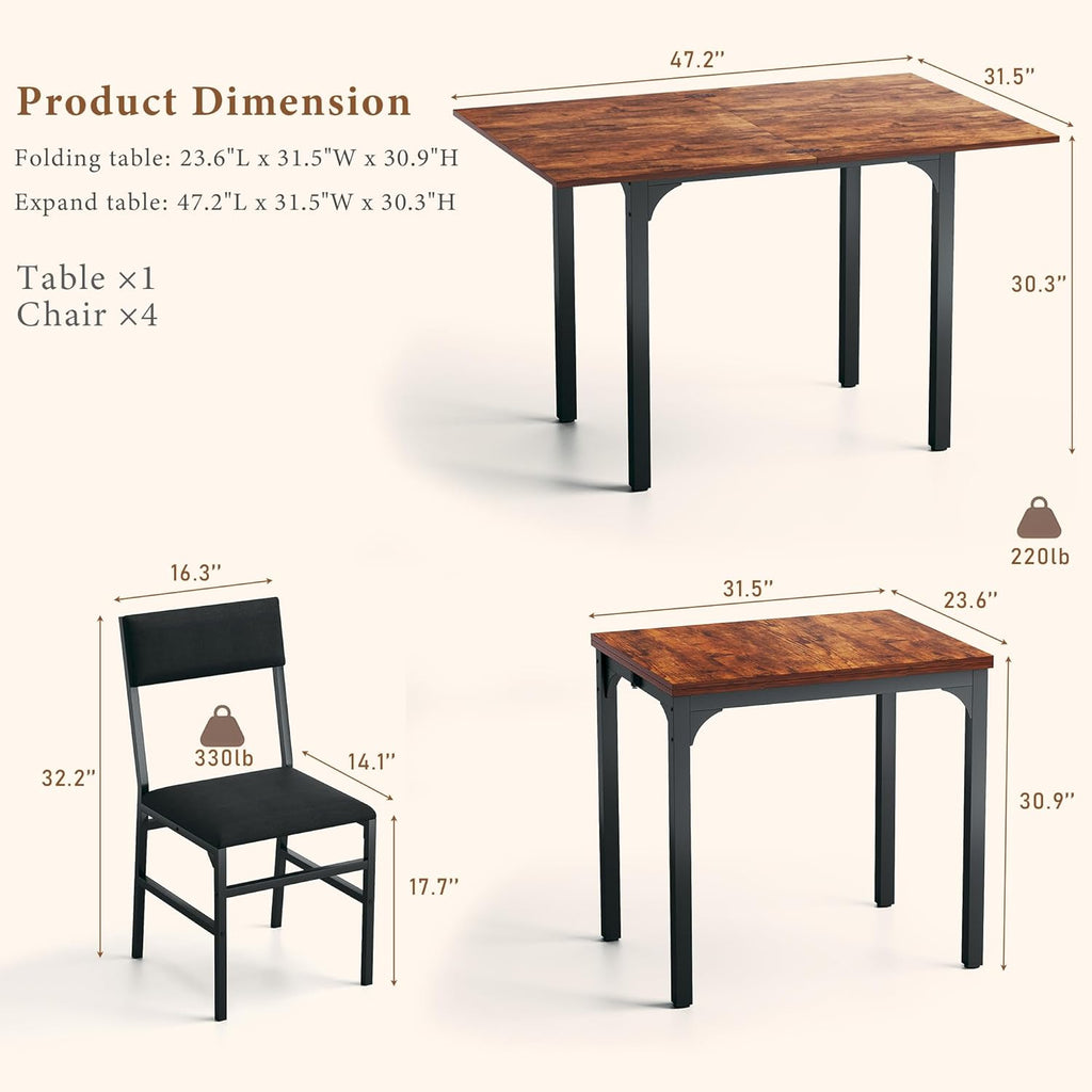 HUAHUU Dining Table Set for 4, Extendable Kitchen Table Cushion Chairs Set of 4, Rectangle Dining Table with Metal Frame & MDF Board, Folding for Small Apartment Saving Space, Rustic Brown