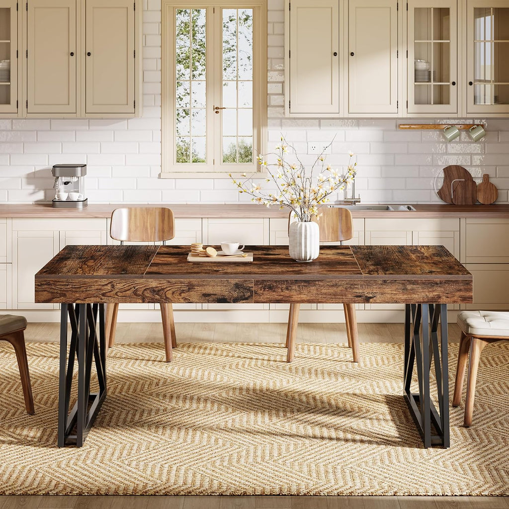 Tribesigns 63-Inch Dining Table for 4-6, Farmhouse Kitchen Table with Sturdy Metal Legs, Rectangular Dinner Furniture for Home, Living Room, Vintage Brown and Black