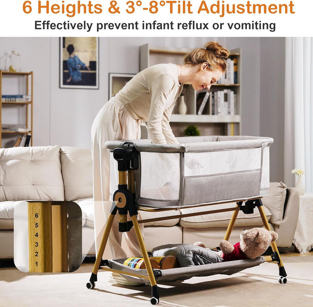 3 in 1 Baby Bassinet,Bedside/Rocking Bassinet for Baby,Bedside Crib with Lockable Wheels,Waterproof Mattress,Adjustable 6 Heights,Portable Bassinets Bedside Sleeper for Newborn Infant