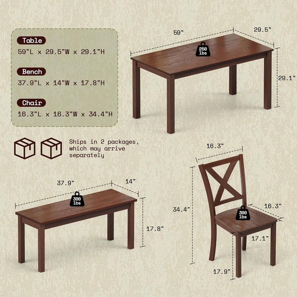 AMERLIFE 6-Piece Farmhouse Dining Table Set, 59" Wooden Table with 4 Chairs & Bench, Dining & Kitchen Room Set for 6, Space-Saving Rustic Dining Set, Walnut