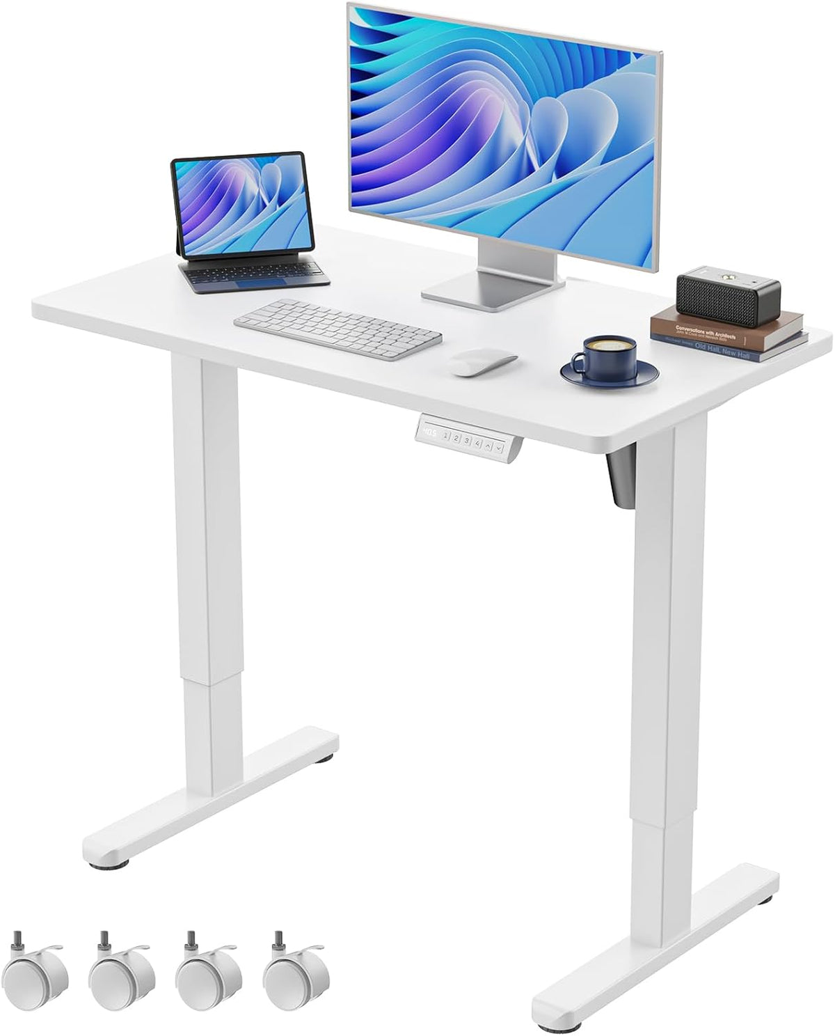 HUANUO Electric Small Standing Desk, 35" x 20" Whole Piece Desktop, Adjustable Height Computer Desk, 4 Height Memory Settings, Sit Stand Up Desk for Home Office, White