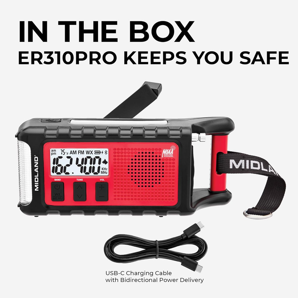 Midland - ER310PRO, Portable Emergency Bluetooth Weather AM/FM Radio with 10,000 mAh Power Bank - Multiple Power Sources, SOS Flashlight, Ultrasonic Rescue Dog Siren, & NOAA Weather (Red/Black)
