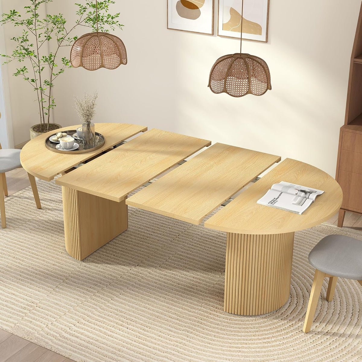 41 in-78 in Extendable Dining Room Table for 4-8, Round Expandable Kitchen Table with Fluted Base, Modern Farmhouse Oval Dinner Tables for Dining Room Kitchen Living Room (Natural)