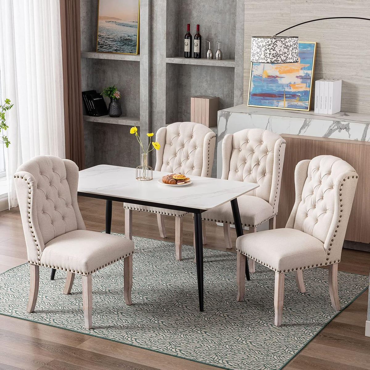 DUOMAY Modern Tufted Dining Chairs Set of 6, Linen Upholstered Dining Room Chairs Armless Guest Side Chair for Kitchen Dining Room, Wingback Accent Chairs with Solid Wood, Beige