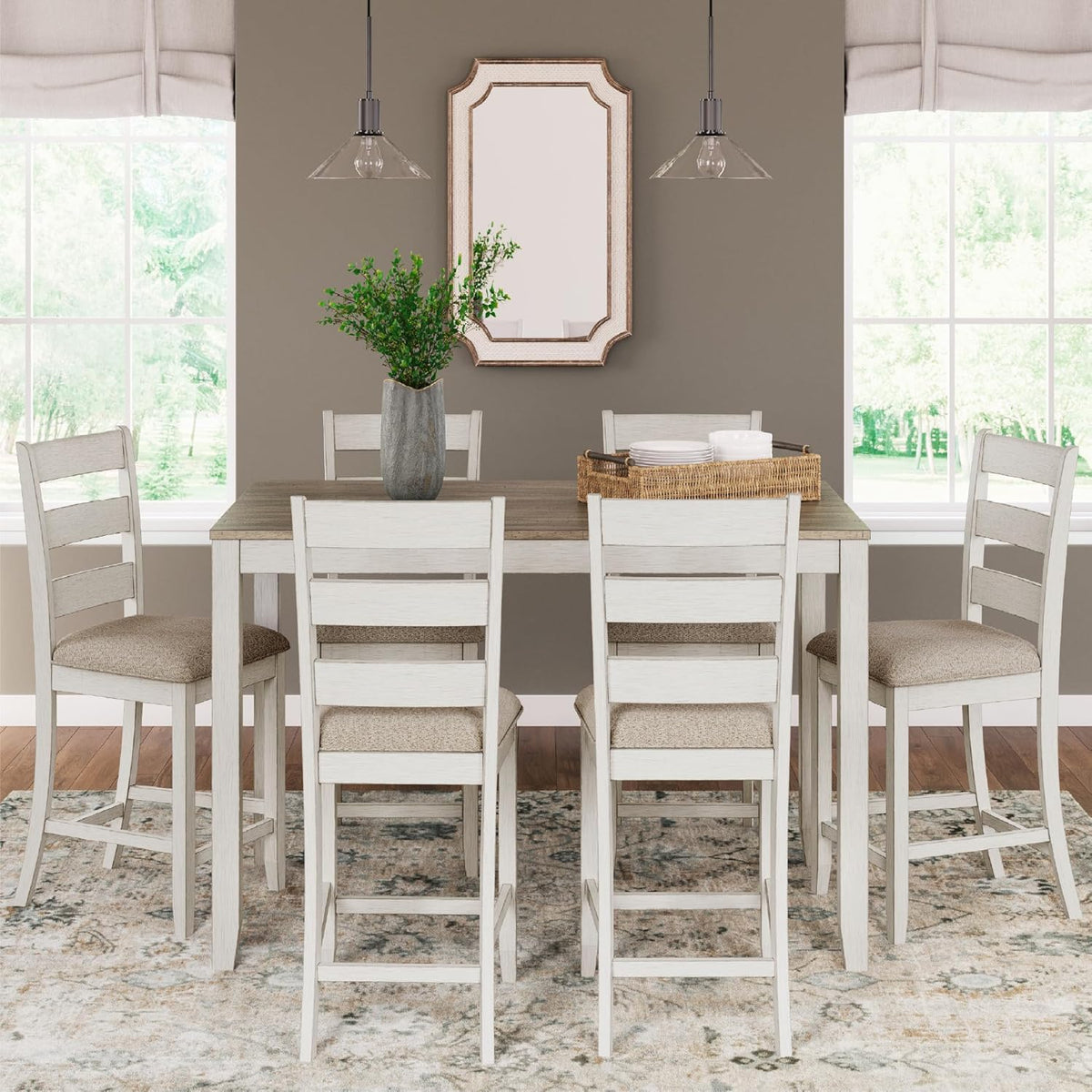 Signature Design by Ashley Skempton Modern Farmhouse Counter Height Dining Table and Upholstered Bar Stools, Set of 7, White & Light Brown