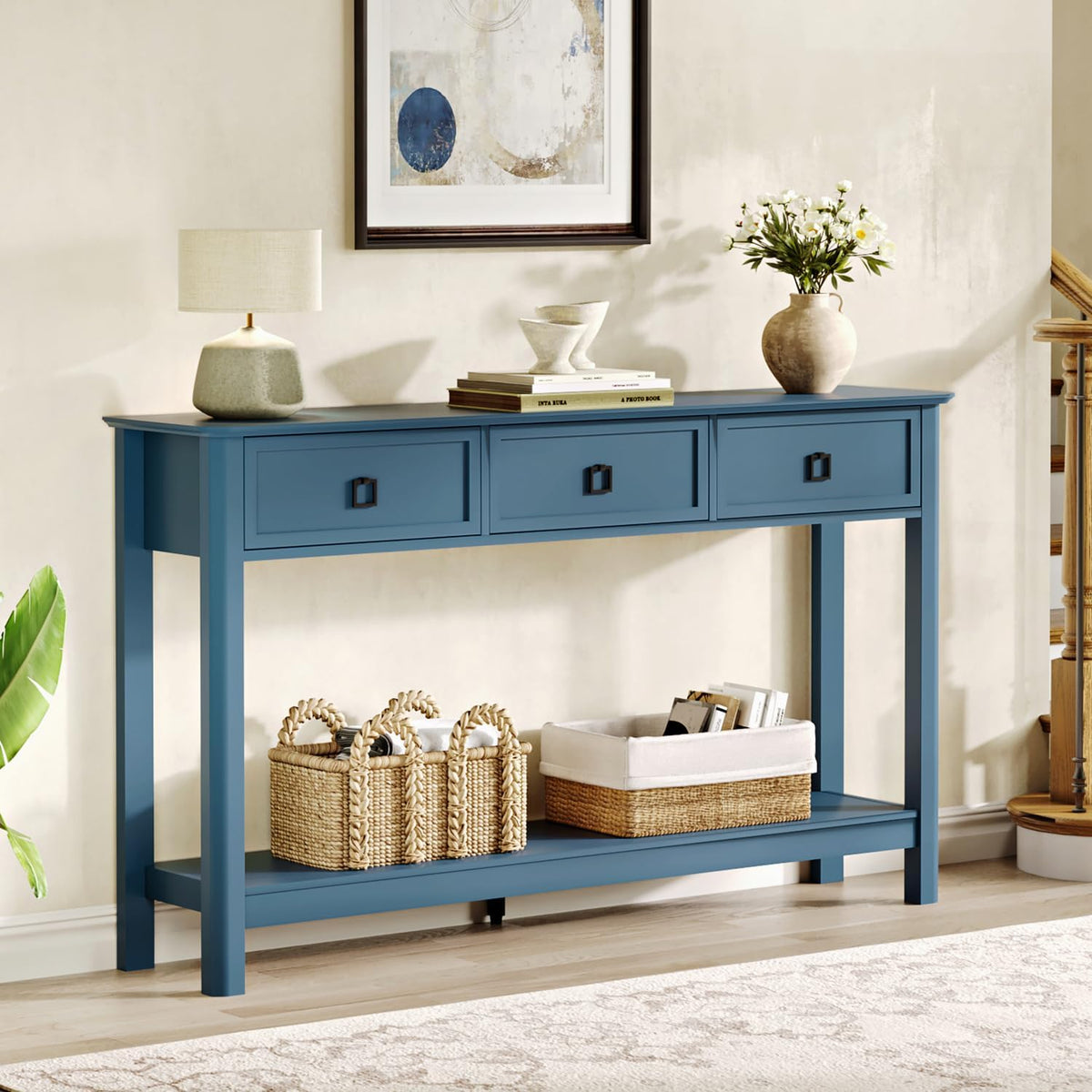 Treocho 53.1" Console Table with 3 Drawers, Modern Entryway Table, 2-Tier Narrow Long Sofa Table Behind Couch Table for Living Room, Hallway, Blue
