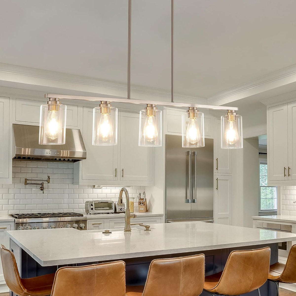 Mecgirn Island Light for Kitchen, Brushed Nickel Dining Room Light Fixture Over Table, 5-Light Linear Chandelier Pendant Lighting for Dining Table Kitchen Island Living Room