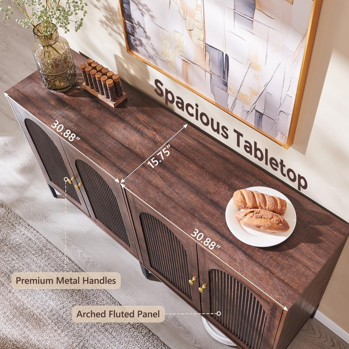 IFGET Modern Buffet Cabinet with Storage, 61.75" W Fluted Arched Sideboard Cabinet w/Adjustable Shelves, Wooden Modular Coffee Bar for Dining Room, Kitchen, Living Room, Entryway, Brown
