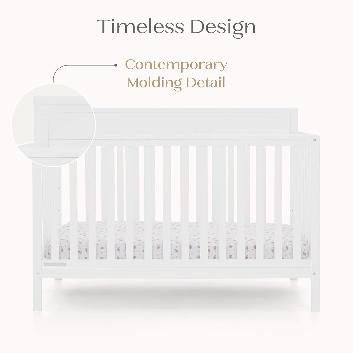 Delta Children Isabelle 6-in-1 Convertible Crib, Converts to Toddler Bed, Daybed, Sofa & Full Bed With/Without Footbaord, Fits Standard Crib Mattress, 3 Mattress Heights for Baby Nursery, Bianca White