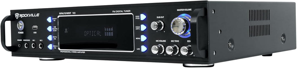 Rockville RPA70WBT V2 1000W 2-Channel USB Bluetooth Karaoke Amplifier/Mixer with (2) Wireless Mics, Optical/Coaxial/RCA Inputs, Echo Control, for Home Karaoke & Parties