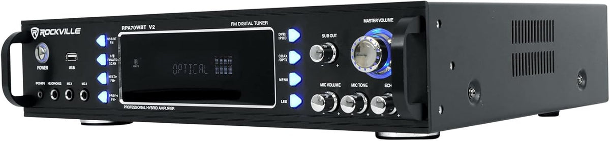 Rockville RPA70WBT V2 1000W 2-Channel USB Bluetooth Karaoke Amplifier/Mixer with (2) Wireless Mics, Optical/Coaxial/RCA Inputs, Echo Control, for Home Karaoke & Parties