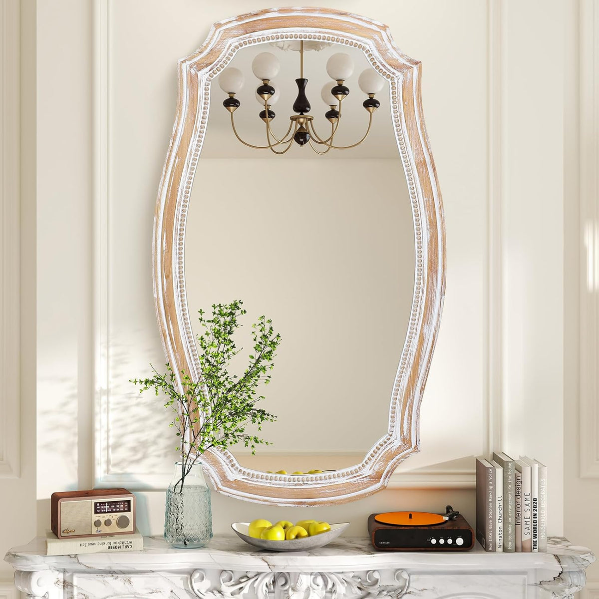 HOITUZYUS 36x24 Inches Rustic Scalloped Wall Mirror, Baroque Curved with Beaded, Distressed Wooden Decorative Mirros for Bathroom, Living Room, Bedroom, Entryway - Horizontal or Vertical