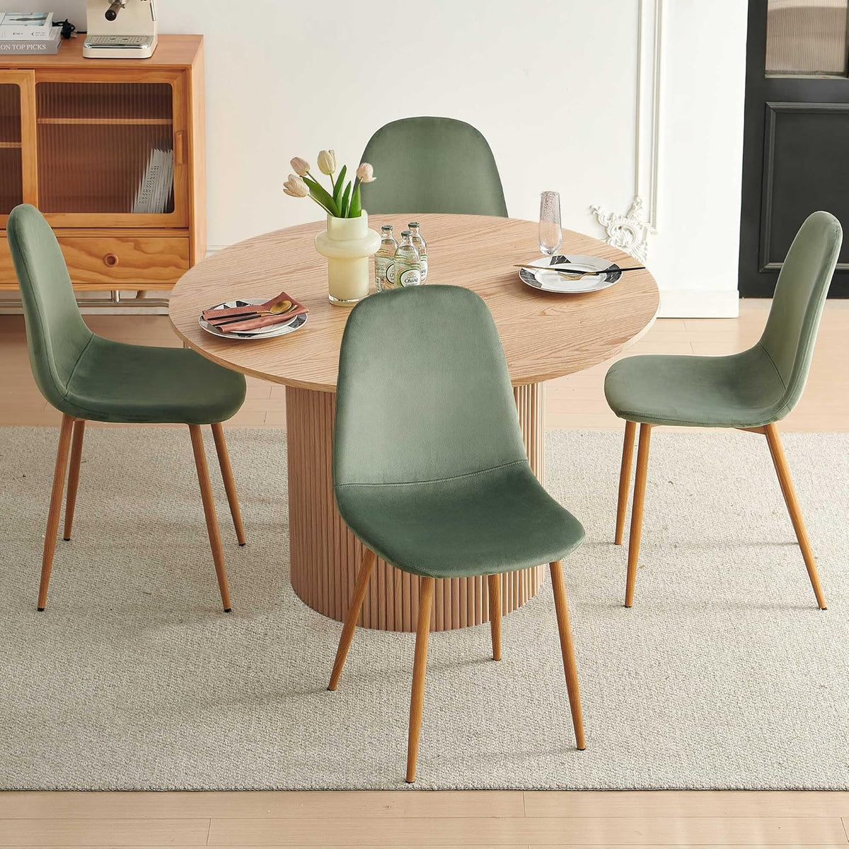 Dining Table Set for 4, Mid Century Modern 47 Inch Wooden Round Dining Table Set, Space Saving (Table + 4 Green Chairs)