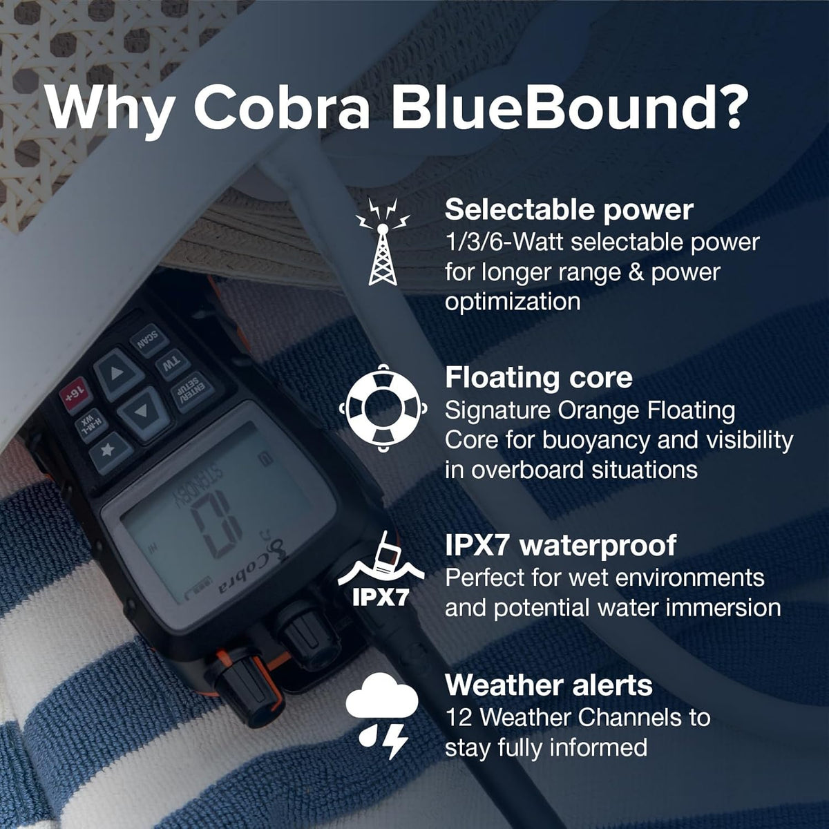 Cobra BlueBound 350 VHF Handheld Marine Radio – Black – 6-Watt, Floating, Long Range, NOAA Weather Alerts, International Functionality, IPX7 Waterproof, USB-C, Submersible, LCD Screen, Belt Clip