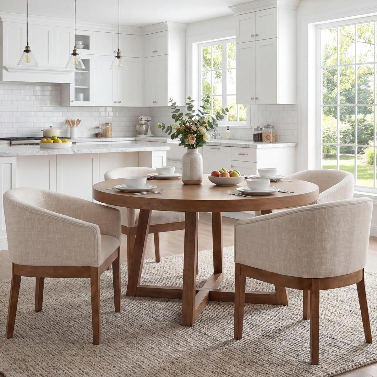 RIVOVA Beige Mid Century Modern Dining Chairs Set of 4, Farmhouse Linen Upholstered Accent Curved Backrest Kitchen Chairs Armchairs with Natural Wood Legs, Beige