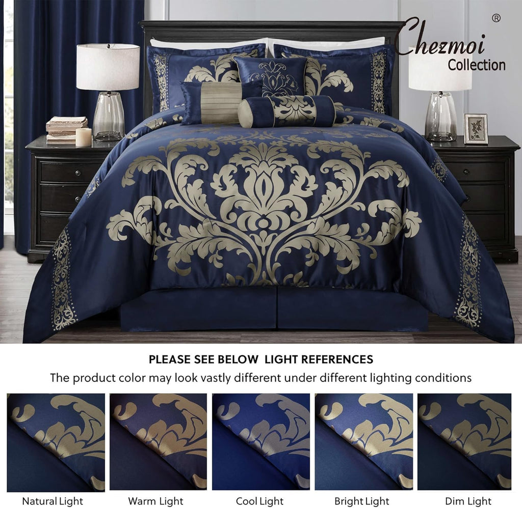 Chezmoi Collection 7-Piece Jacquard Floral Comforter Set (King, Navy/Gold)