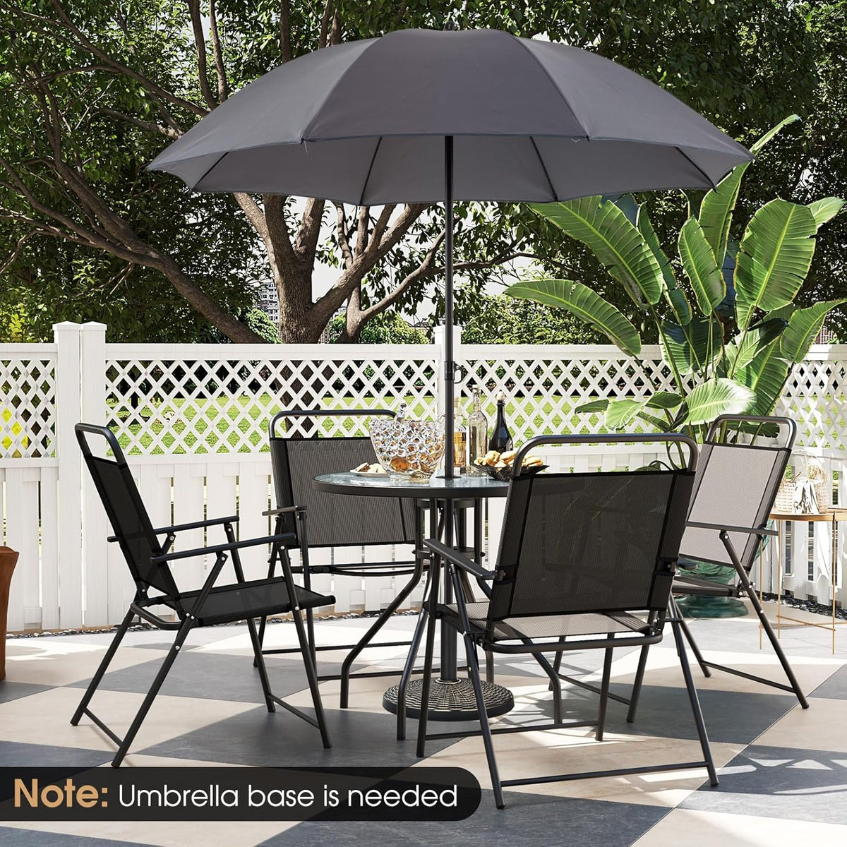 Giantex 6 Pieces Patio Dining Set, Folding Patio Chairs Set of 4, Tempered Glass Umbrella Table with Hole, Patio Table and Chairs for Lawn, Deck, Poolside, Backyard (Grey)