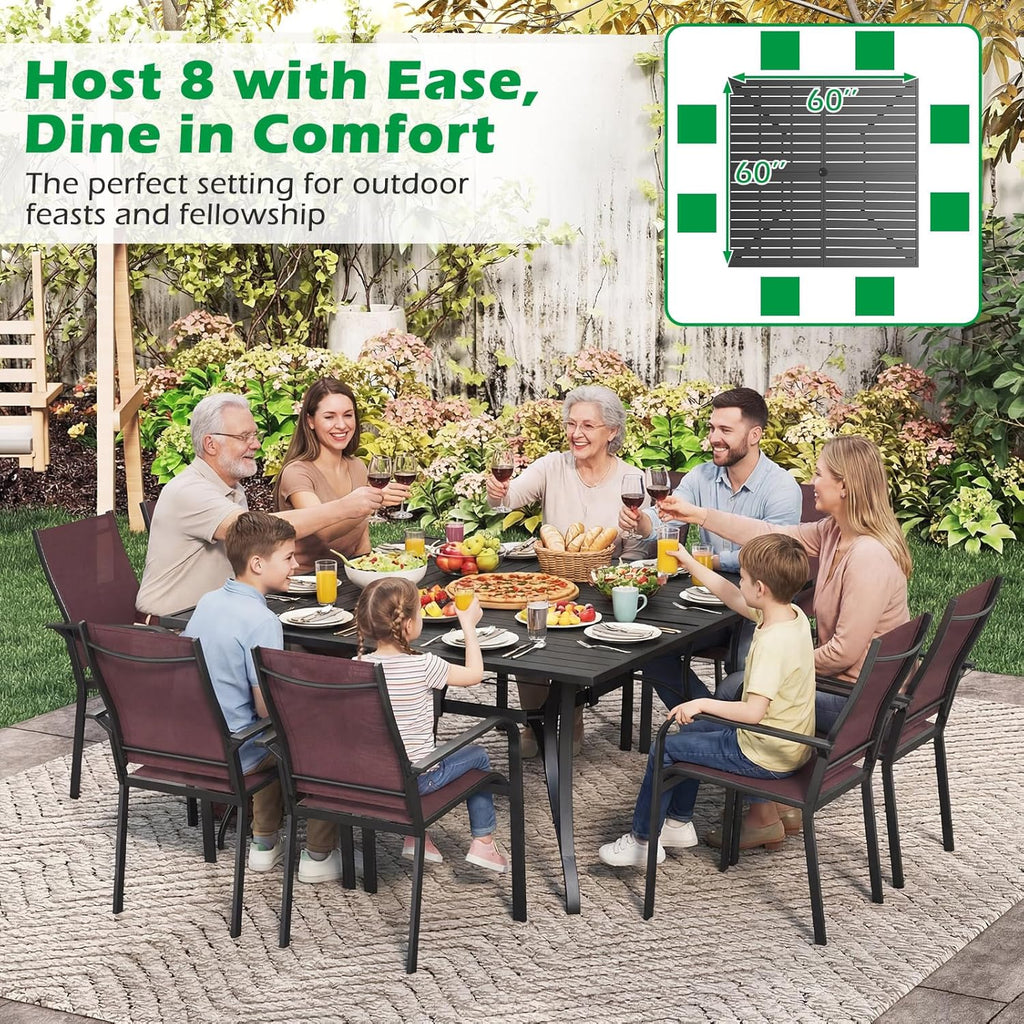 Tangkula 60" x 60" Metal Patio Dining Table for 8, Square Heavy Duty Outdoor Dining Table with Umbrella Hole, 8-Person Outside Dining Furniture for Porch, Garden, Balcony and Backyard