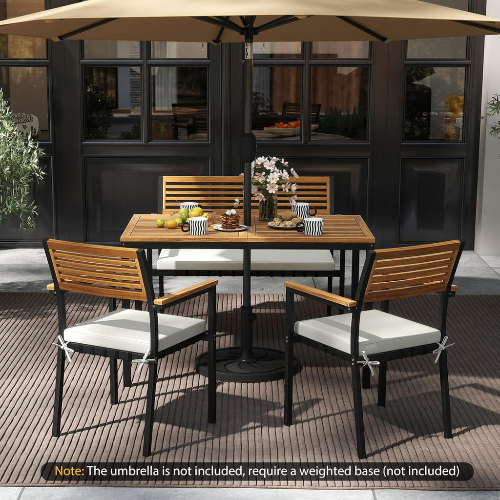 Tangkula 4 Piece Patio Dining Furniture Set, Outdoor Dining Chair Set for 4 w/Acacia Wood & Metal Frame, Umbrella Hole, 1 Table, 2 Armchairs, 1 Bench for Lawn, Garden, Backyard, Porch