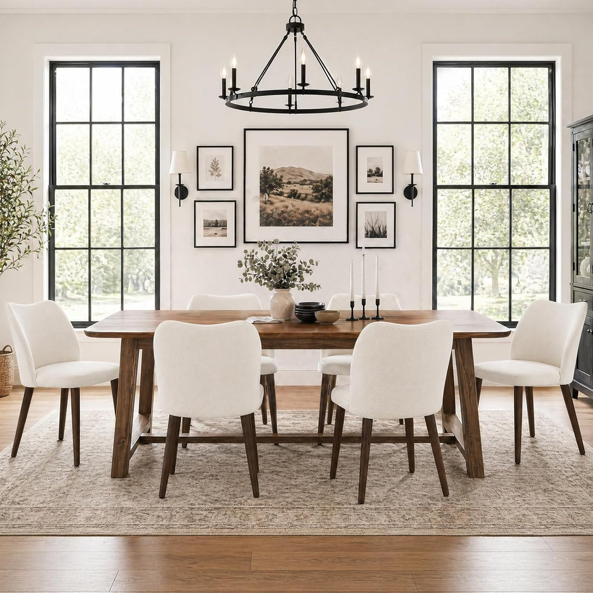 COLAMY Dining Chairs Set of 6, Upholstered Fabric Kitchen Chairs with Curved Back, Padded Seat and Solid Wood Legs, Modern Dining Chair for Kitchen Dining Room, Beige