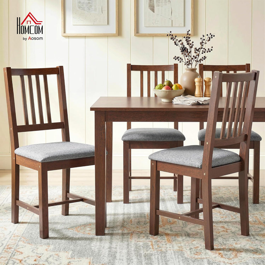 HOMCOM Wooden Dining Chairs Set of 4, Mid-Century Modern Upholstered Kitchen Chairs with Slat Backrest, Rubberwood Legs and Padded Seat for Dining Room, Living Room, Farmhouse Walnut