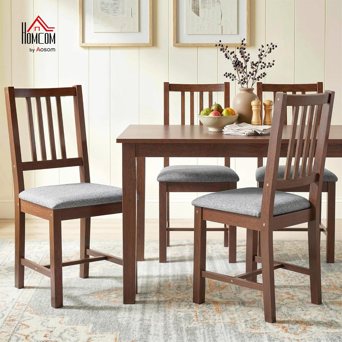 HOMCOM Wooden Dining Chairs Set of 4, Mid-Century Modern Upholstered Kitchen Chairs with Slat Backrest, Rubberwood Legs and Padded Seat for Dining Room, Living Room, Farmhouse Walnut