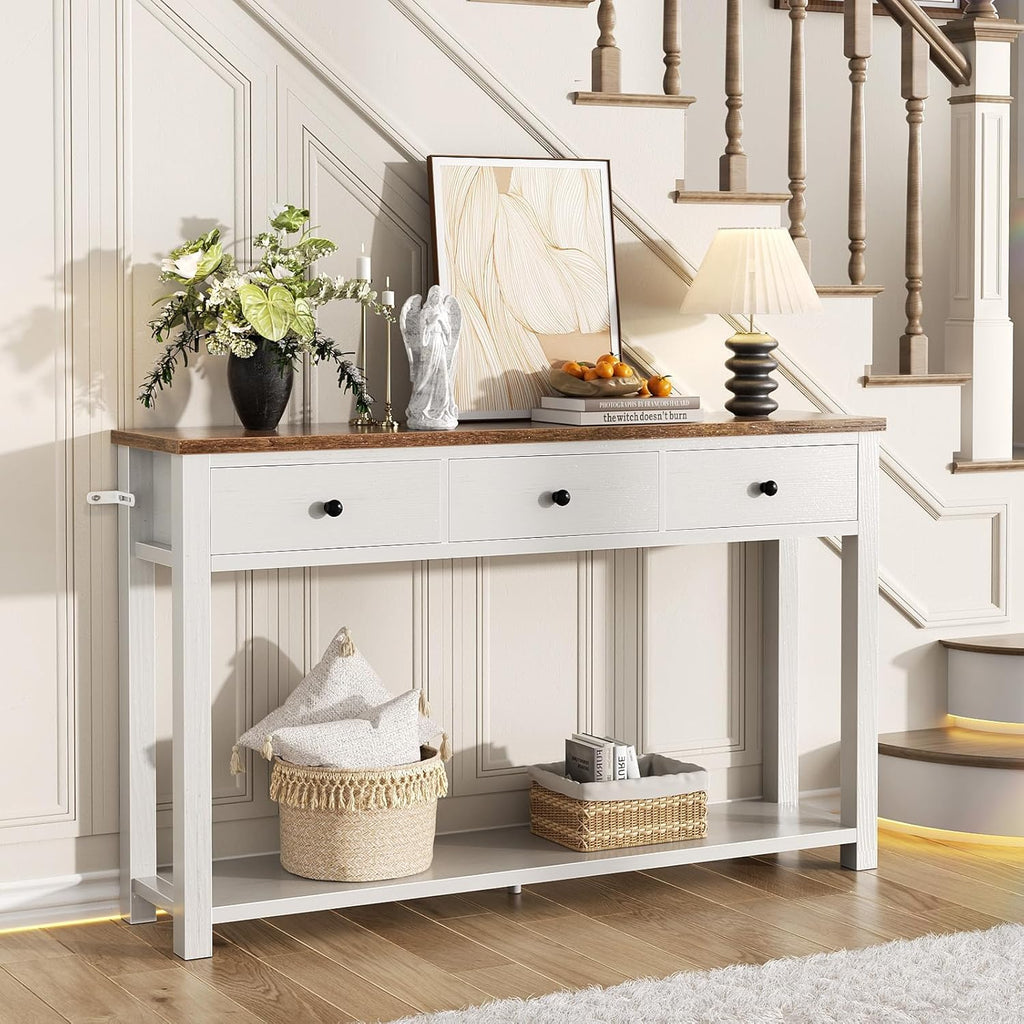 Homieasy Farmhouse Console Table with 3 Drawers, 47 Inch Wood Sofa Table with Storage Shelf for Living Room, Behind Couch, Entryway Table for Hallway, Living Room, or Foyer, Brown and Antique White
