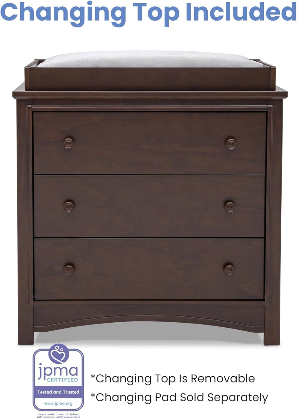 Delta Children Perry 3 Drawer Dresser with Changing Top and Interlocking Drawers, Walnut Espresso