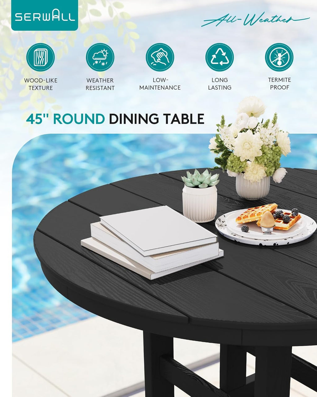 SERWALL 5-Piece Outdoor Round Dining Sets, HDPE Patio Table and Chairs Furniture Set, 45" Round Dining Table and 4 Dining Chairs, Black