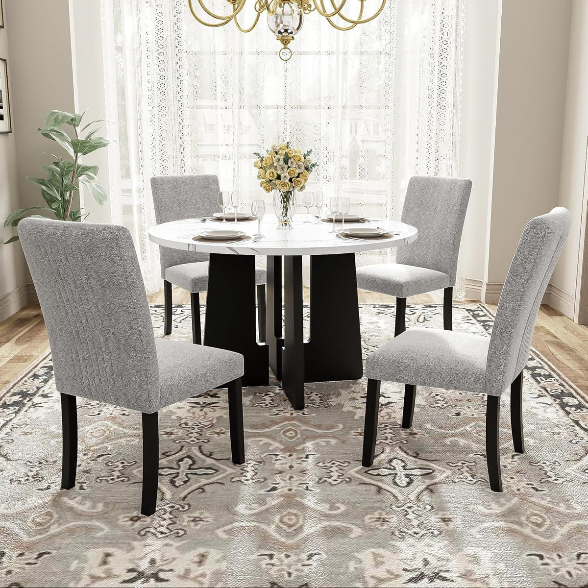 Merax 5-Piece Round Dining Table Set, Modern 4 Upholstered Chairs for Living,Kitchen Room, 43 Inch, White+Gray