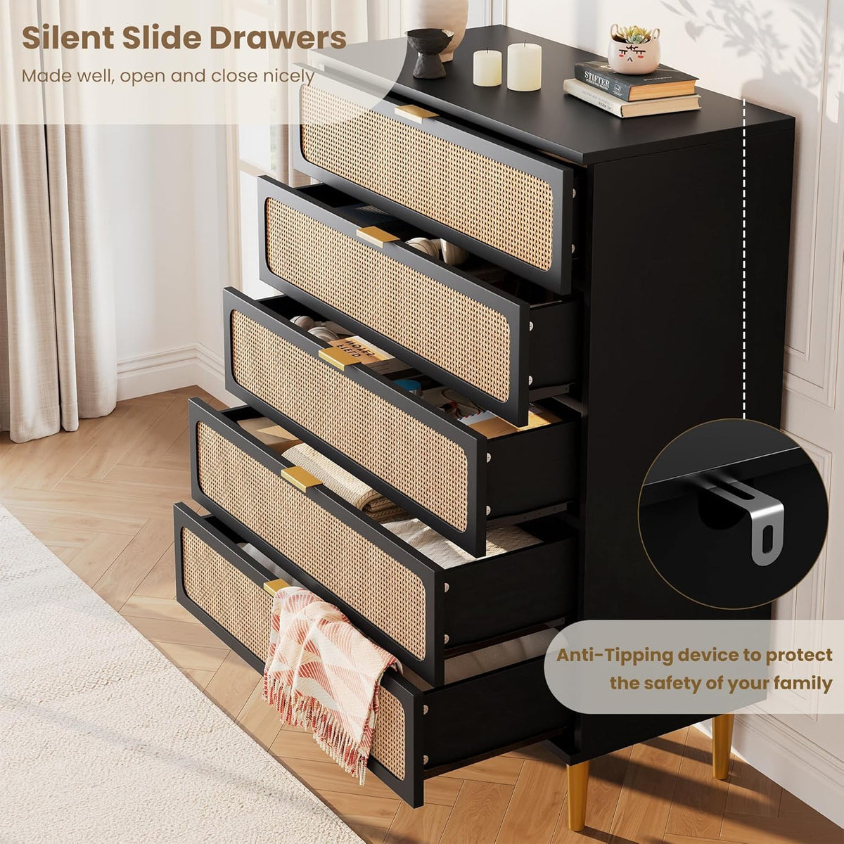 Garvee Rattan Dresser with 5 Drawers, Tall Modern Closet with Deep Storage, Large Chest of Drawers with Wide Top, Long Wooden Dresser for Bedroom, Living Room, Hallway, Kids Room, Black