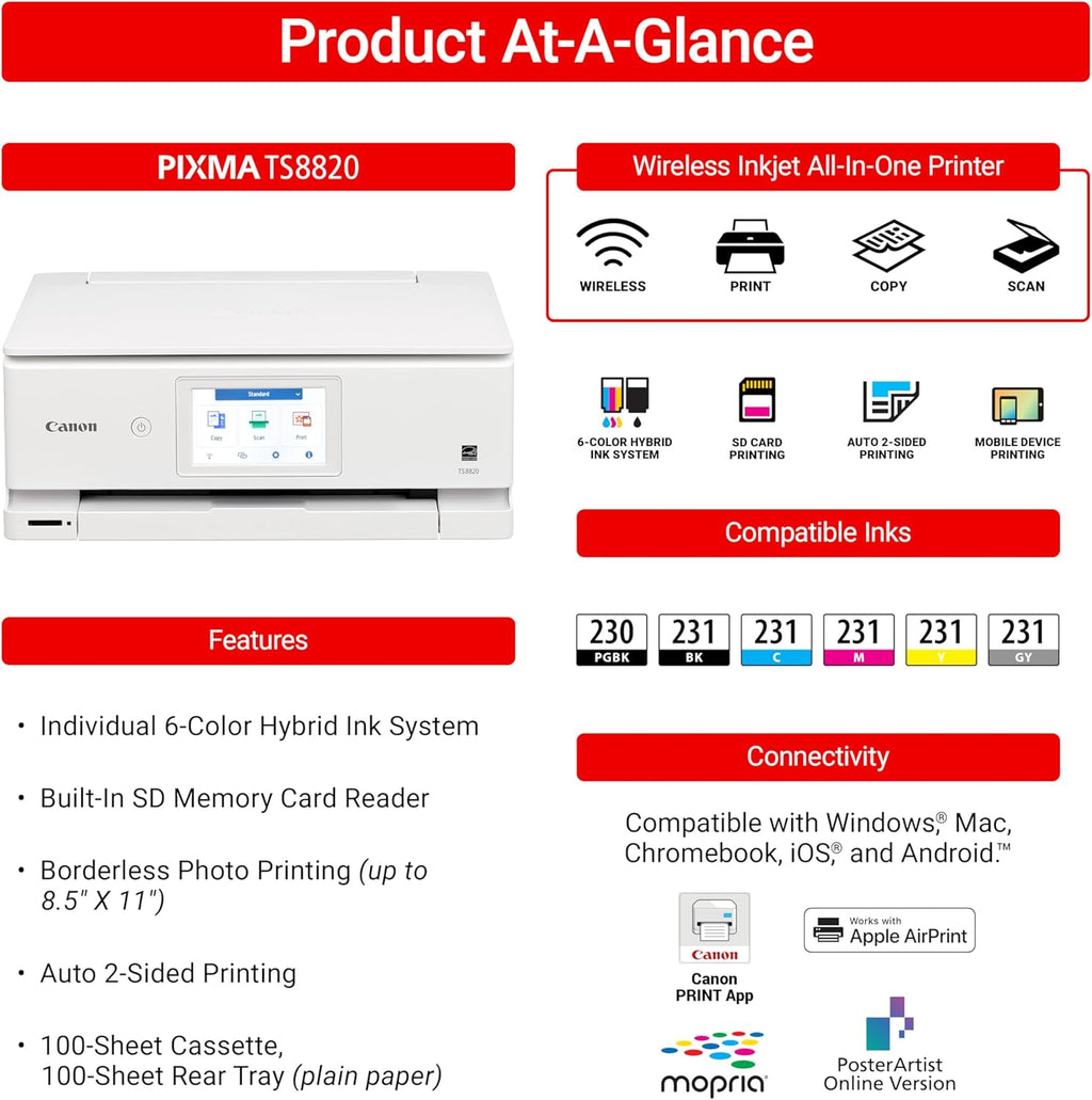 Canon PIXMA TS8820 Wireless Printer, Best for Home Photo Printing, Copy and Scan, White