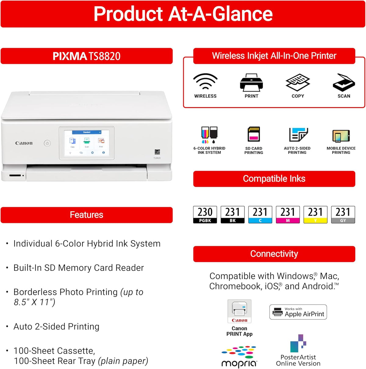 Canon PIXMA TS8820 Wireless Printer, Best for Home Photo Printing, Copy and Scan, White