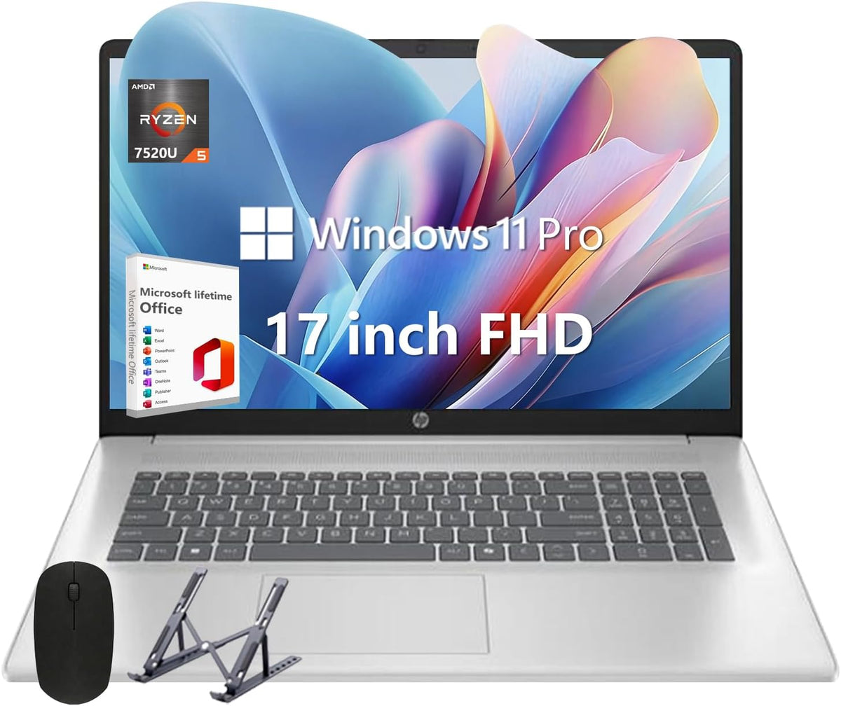 HP 17 Laptop, 17.3" FHD Display, 8GB DDR5 RAM, 512GB SSD, AMD Ryzen 5 Processor(Beats i7-1165G7, Up to 4.3GHz), Lifetime MS Office + Windows 11 Pro, Alpacatec Accessories, Silver, Video Editing Laptop