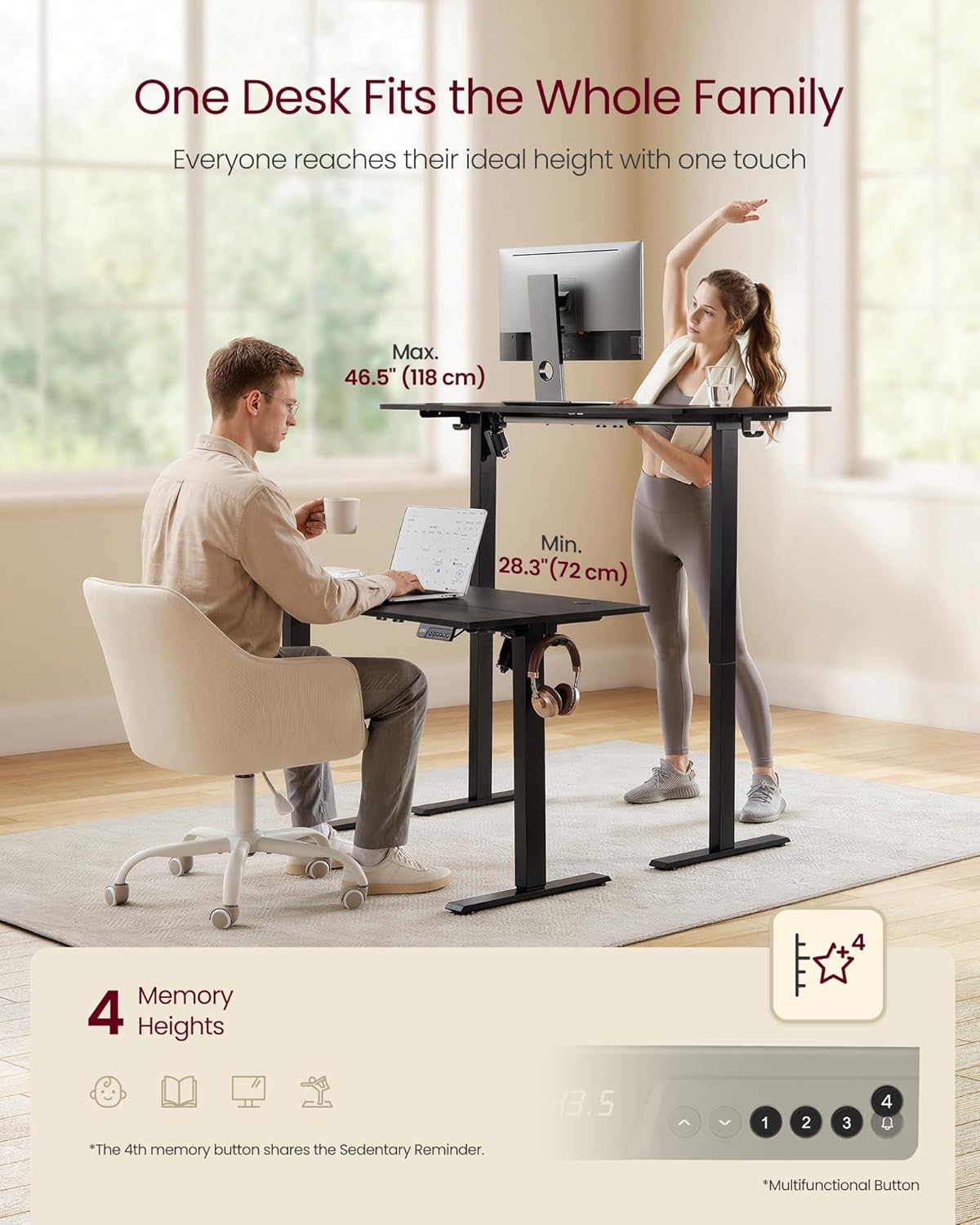 VASAGLE Electric Standing Desk, 55.1 x 27.6 Inches Height Adjustable Desk, Sedentary Reminder, 4 Memory Heights, for Home Office, Ink Black ULSD315BZ020S