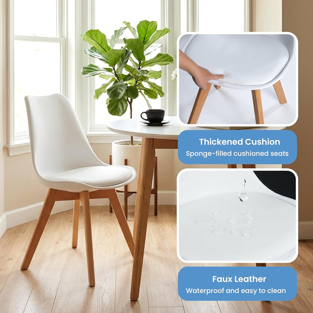 Simple Deluxe Set of 4 Mid-Century Modern Dining Chairs, PU Leather Upholstered Seat with Solid Wood Legs, Versatile for Kitchen Living Room Bedroom & Indoor Lounge Use, White