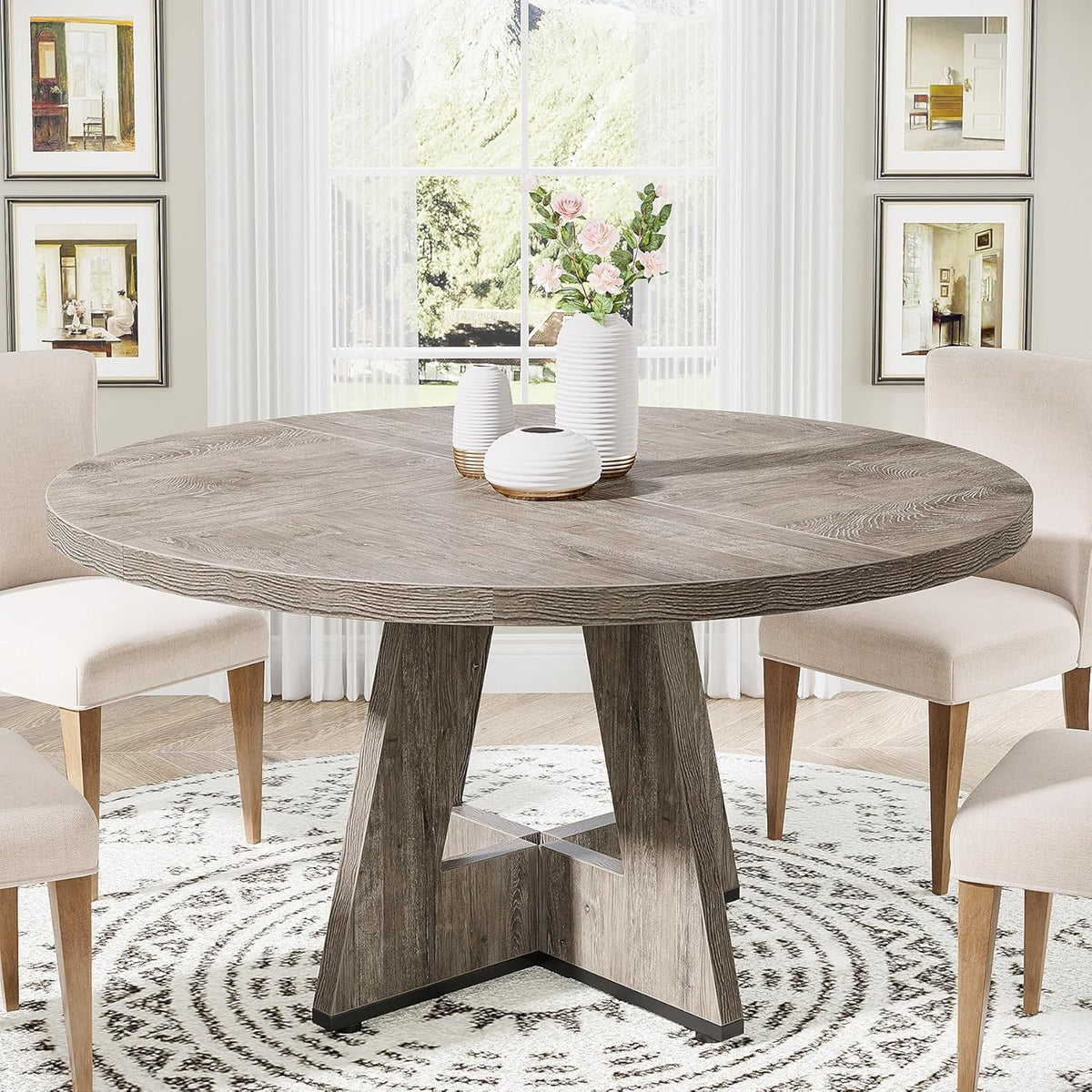 Tribesigns 47 inch Round Dining Table Wood Kitchen Table for Dining Room, 47" Dinner Room Tables for 4-6, Farmhouse Accent Furniture with Wooden Tabletop and Cross Base, Rustic Grey | for Dining Room