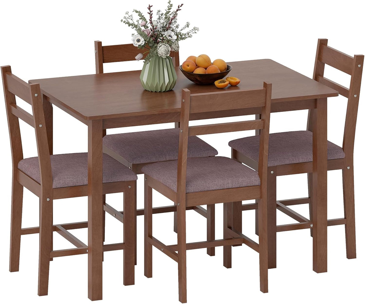 HOMCOM 5-Piece Solid Wood Dining Table Set for 4, Farmhouse Kitchen Table with Upholstered Chairs for Small Space, Dining Room, Breakfast Nook, Light Brown and Brown
