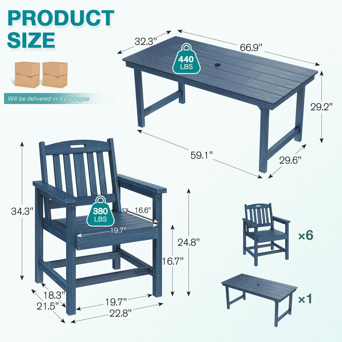 Mdeam 7-Piece HIPS Outdoor Dining Set, 66.9" Patio Table with Umbrella Hole, 440LBS Capacity, 6 Wider Chairs, Dining Table Set for 6, Indoor Outdoor Furniture with Galvanized Steel Frame, Navy Blue
