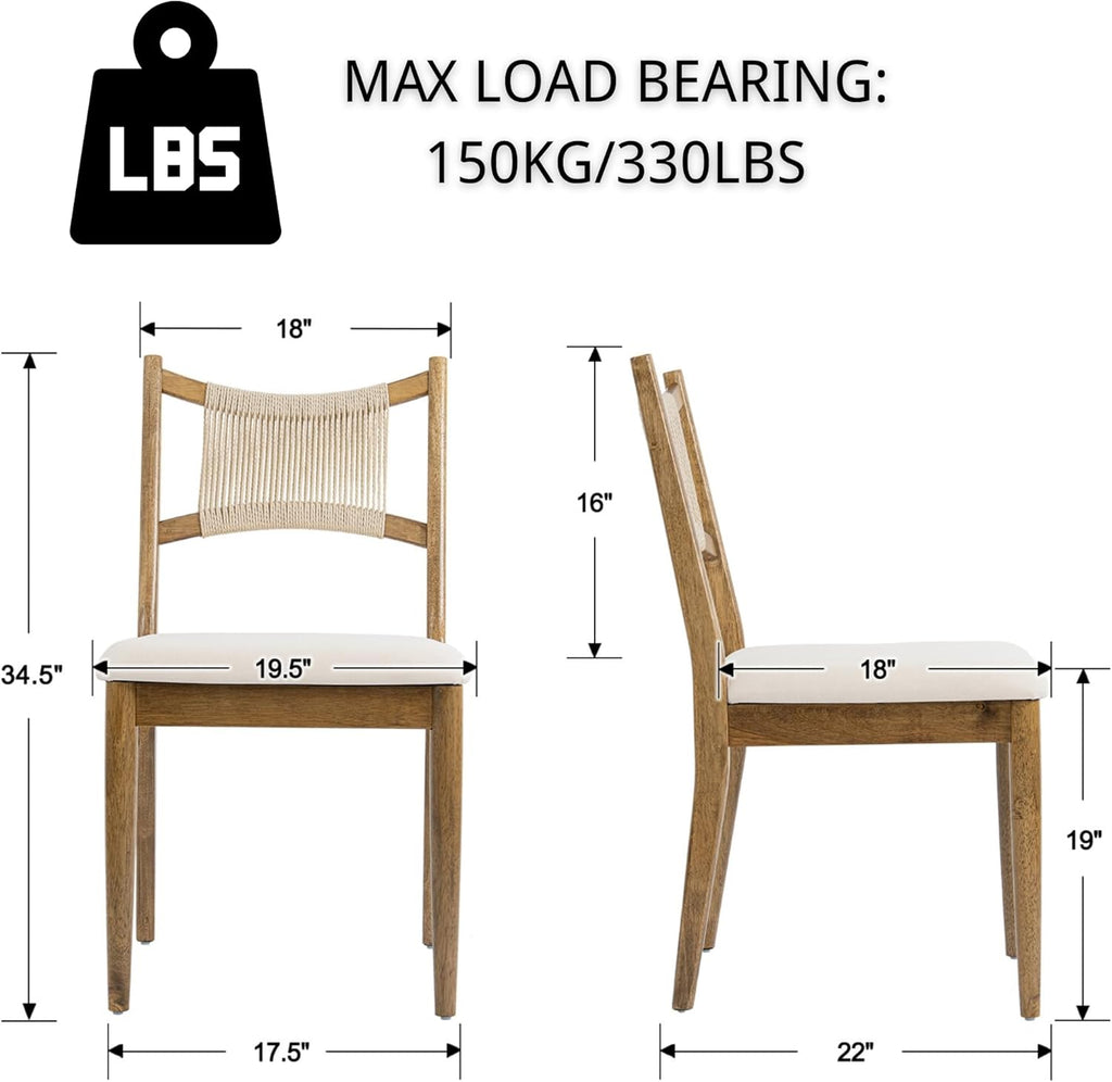 RIVOVA Wooden Dining Chairs Set of 4 Fabric Upholstered Dining Room Chairs Kitchen Side Chair with Woven Seagrass Back Farmhouse Dinner Chair, Beige