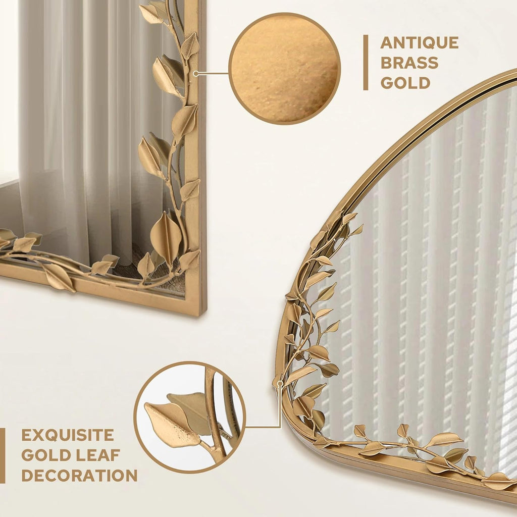 Besdomus Arched Wall Decorative Mirror: 32"x30" Ornate Brass Gold Wall Mirror - Arch Metal Framed with Vine Decorative - Modern Farmhouse for Bathroom/Fireplace/Entryway/Living Room