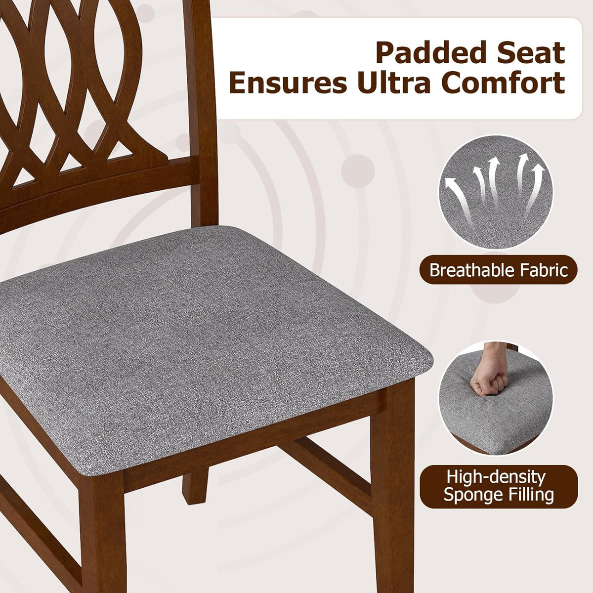 Giantex Upholstered Dining Chairs Set of 4, Farmhouse Fabric Side Chairs w/Cushioned Seats, Patterned Backrests, Sturdy Rubber Wood Frames, Wooden Accent Chairs for Kitchen, Dining Room