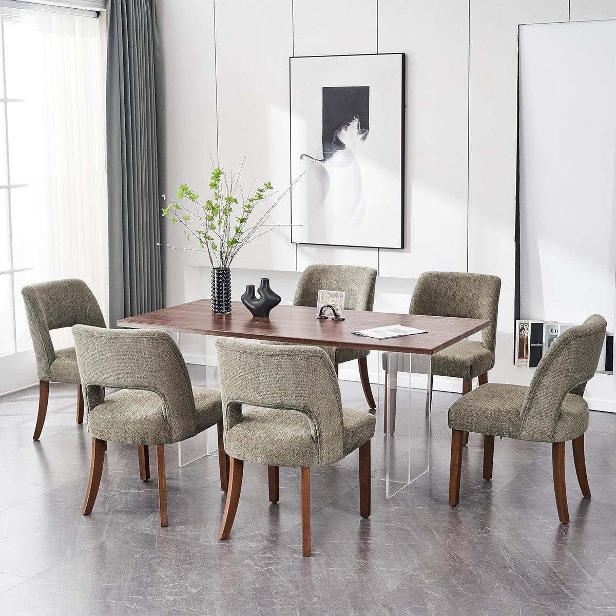 VKNOW Wooden Dining Chairs Set of 6, Modern Fabric Upholstered Dining Room Chair Kitchen Chairs, Farmhouse Dinner Chair for Kitchen Dining Room, Green